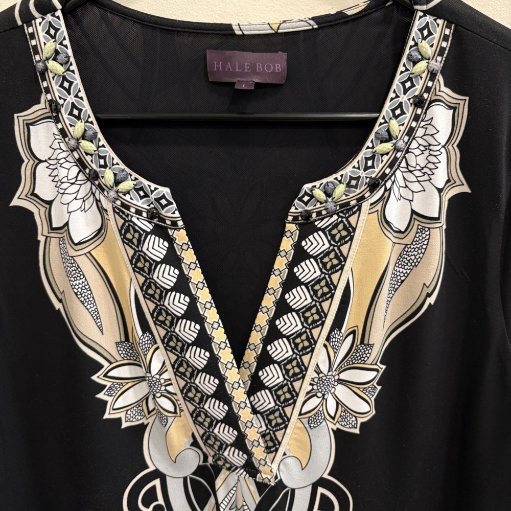 Hale Bob Black Gold Floral Medallion Beaded Tunic Stretch Jersey Shift Dress L - Picture 3 of 13